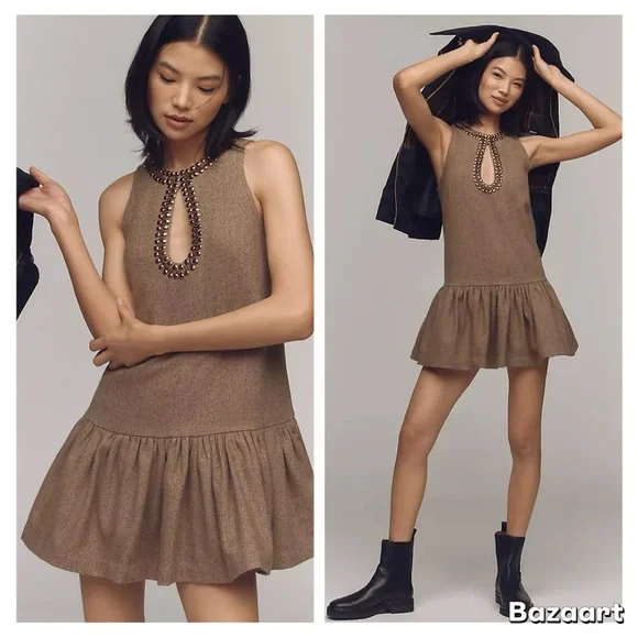 NWT By Anthropologie Beaded Keyhole Sleeveless Mini Dress Sz L - Picture 4 of 15